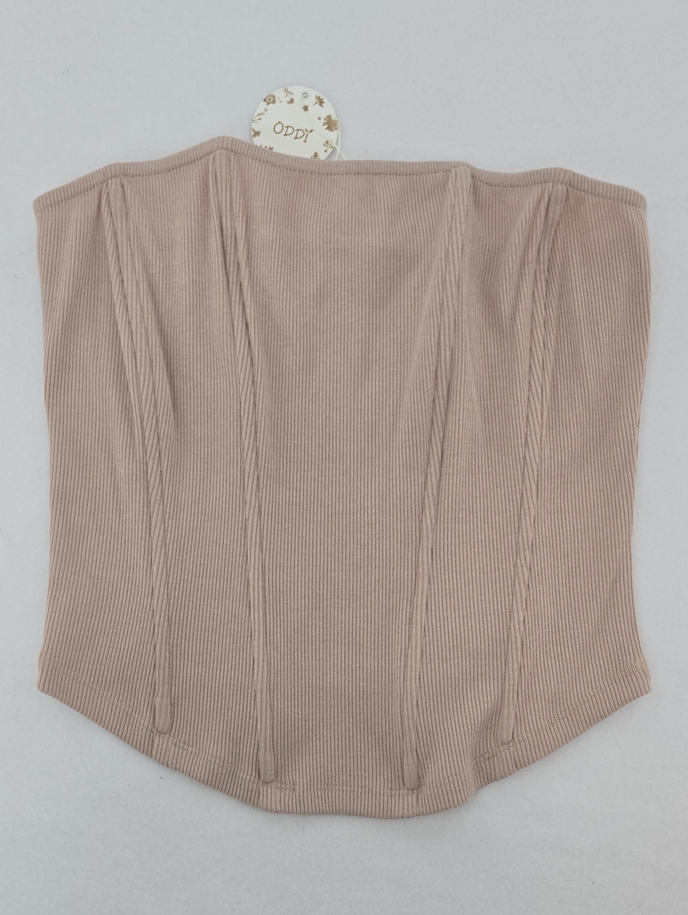 ODDY Strapless Ribbed Bustier Top in Taupe Beige